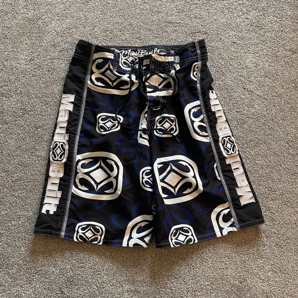 Mens Maui Built Board Shorts 30 Black Blue Tribal Fishhook Excellent Surf Trunks